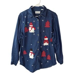 Westbound Womens Denim‎ Snowman Christmas Button Down Shirt Blue Medium Holiday